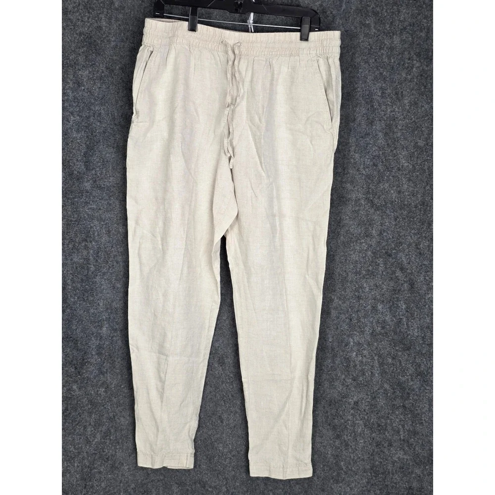 HM Linen Blend Drawstring Pants Women‎ Sz L Beige Lightweight Casual Trousers